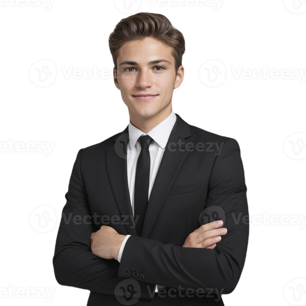 A young lawyer in a modern black suit standing confidently in a professional office environment png