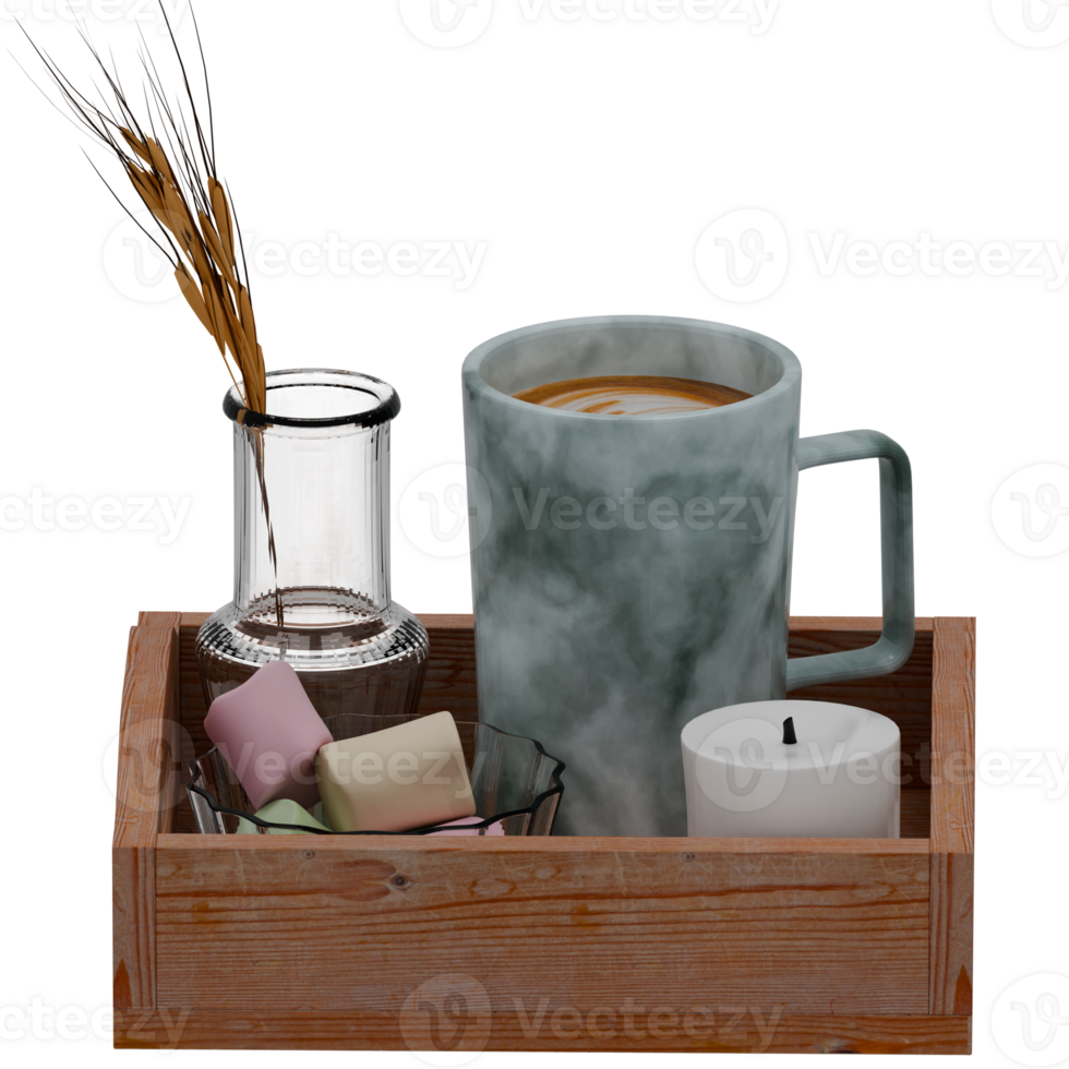 A wooden tray with a cup of coffee and a candle png