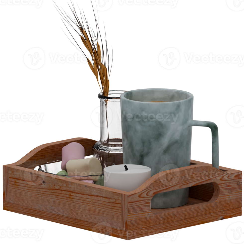 A tray with a mug, a candle, and a vase png