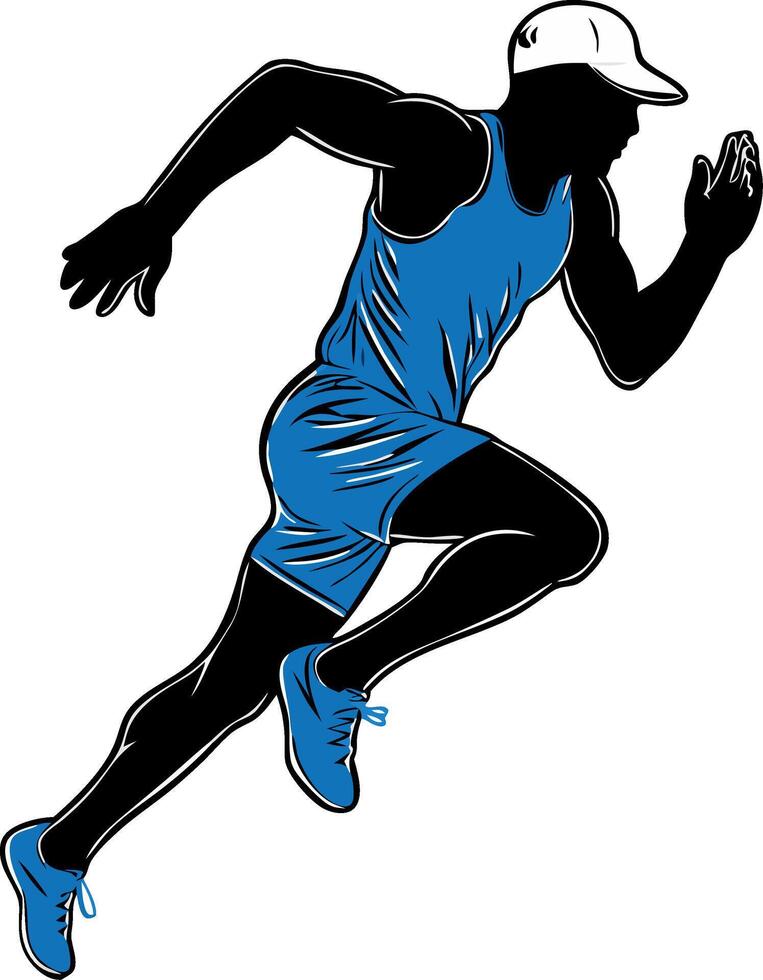 Dynamic Runner Illustration Athlete Sprinting in Blue Sportswear Art vector