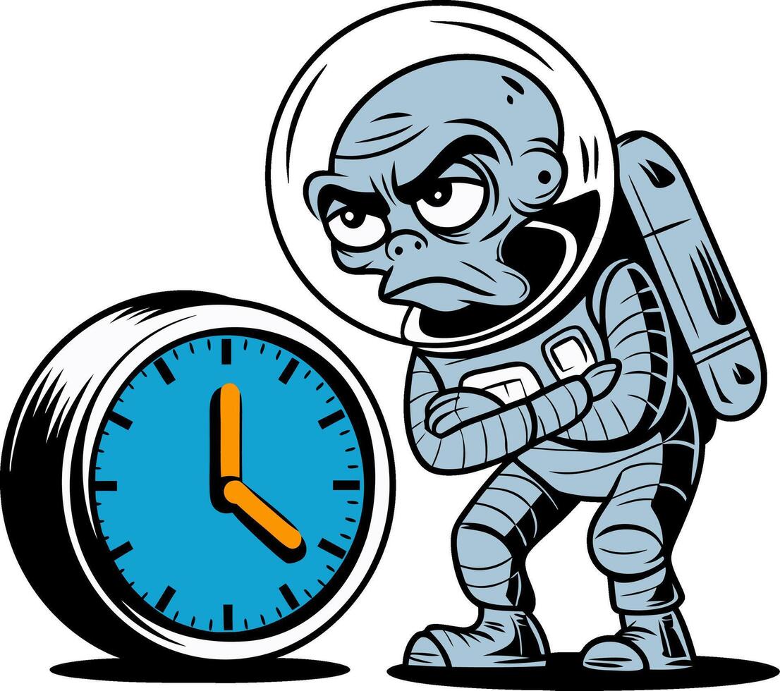 Angry Astronaut Cartoon with Large Clock for Humorous Illustrations vector