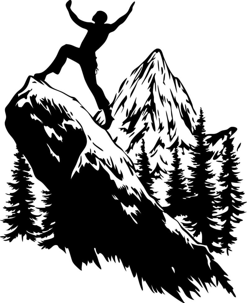 Mountain Climber Silhouette on Summit with Majestic Peaks and Pine Trees vector