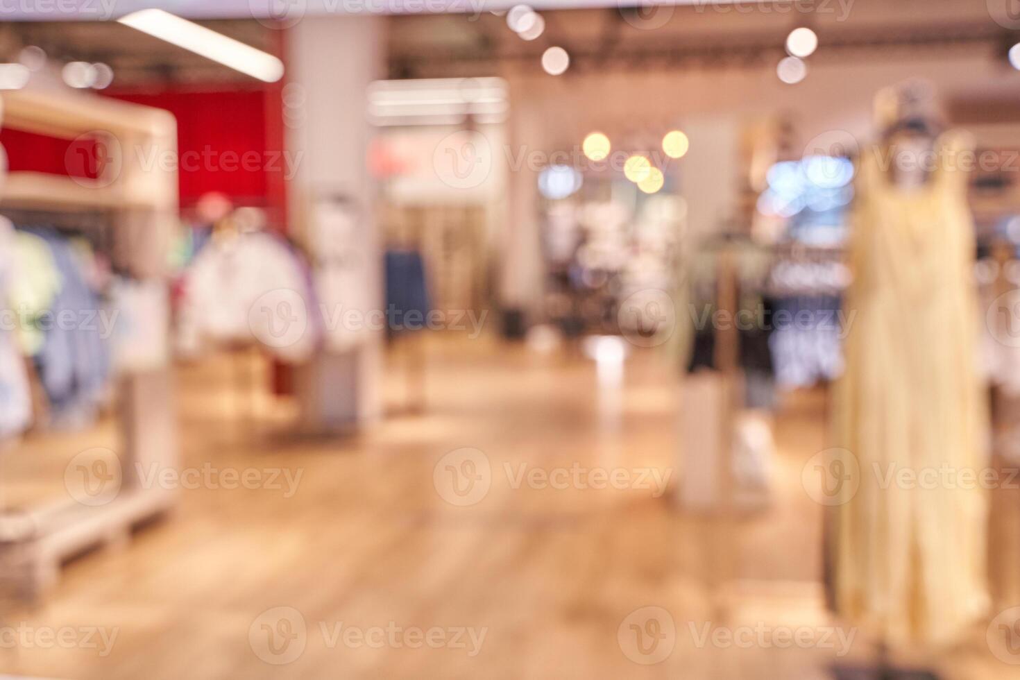 Blurry clothing store interior with racks and lights creating a warm ambiance. photo