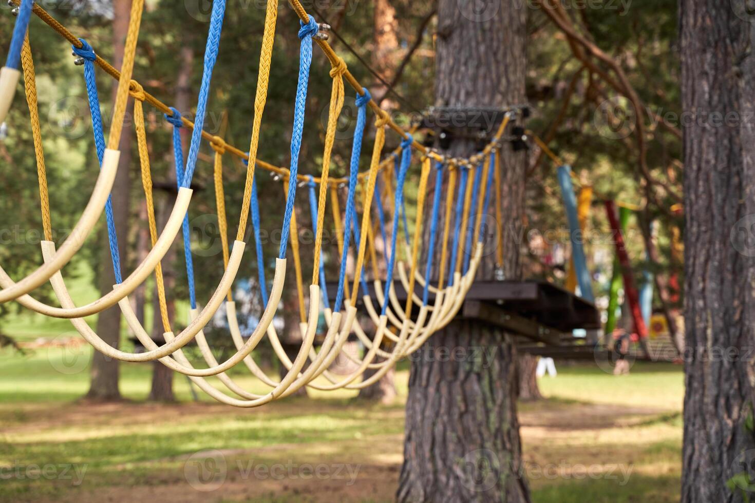 Adventure park rope bridge among trees in forested area for outdoor exploration and recreation. photo