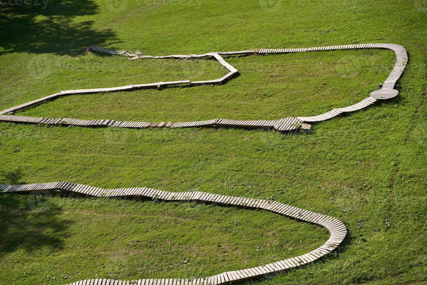 Curving wooden bike path on green grass in sunlit park. photo