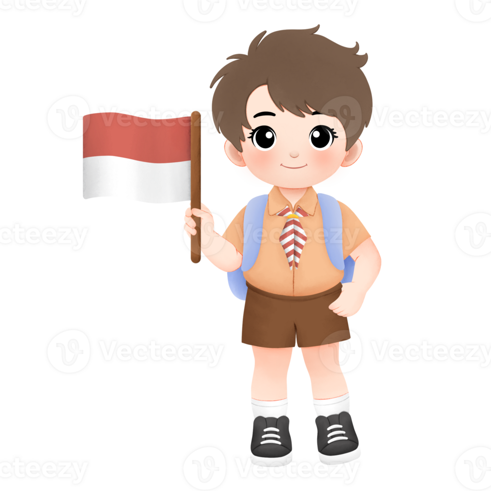 cheerful scout kid watercolor illustration, a boy holding Indonesian flag png