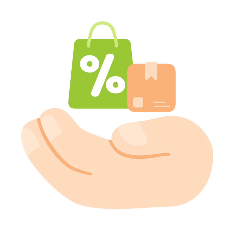 cute online shopping store illustration, hand with discount bag and package png