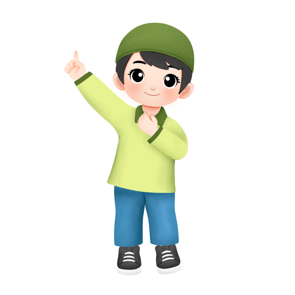 happy kid greeting ramadan, pointing his finger up png