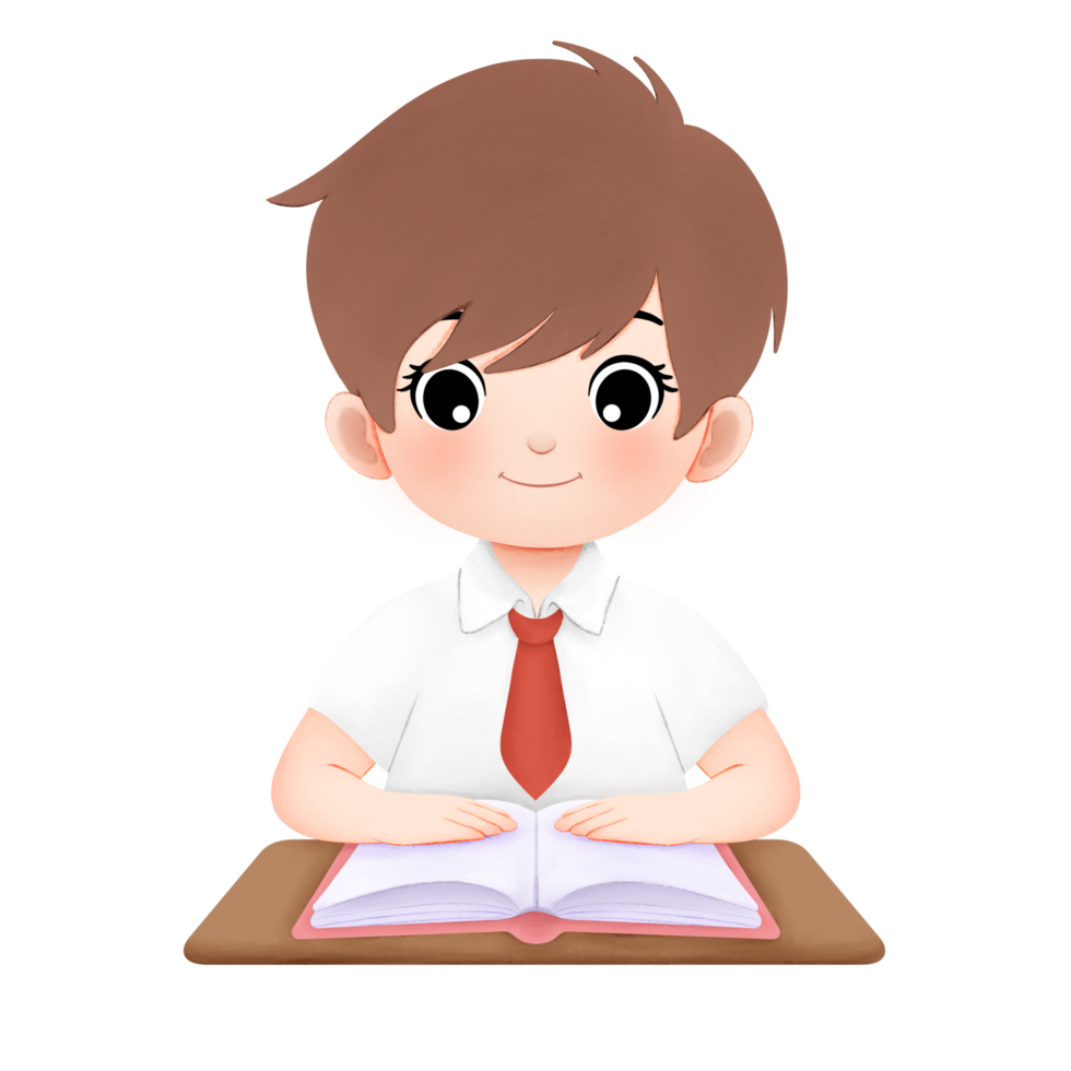 happy kid with brown hair reading a book watercolor illustration png