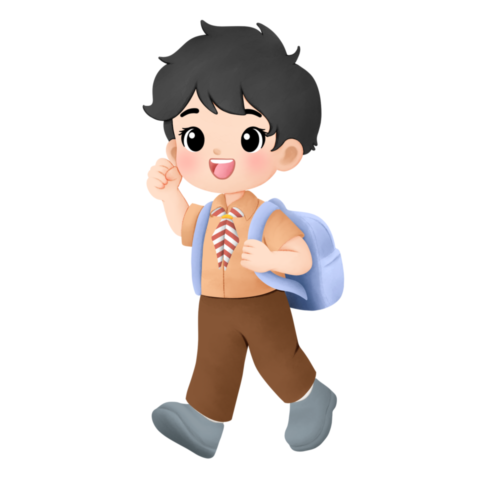 cheerful scout kid watercolor illustration, boy walking with enthusiasm gesture png
