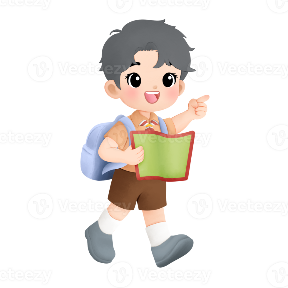 cheerful scout kid watercolor illustration, a boy holding a map while pointing his finger png