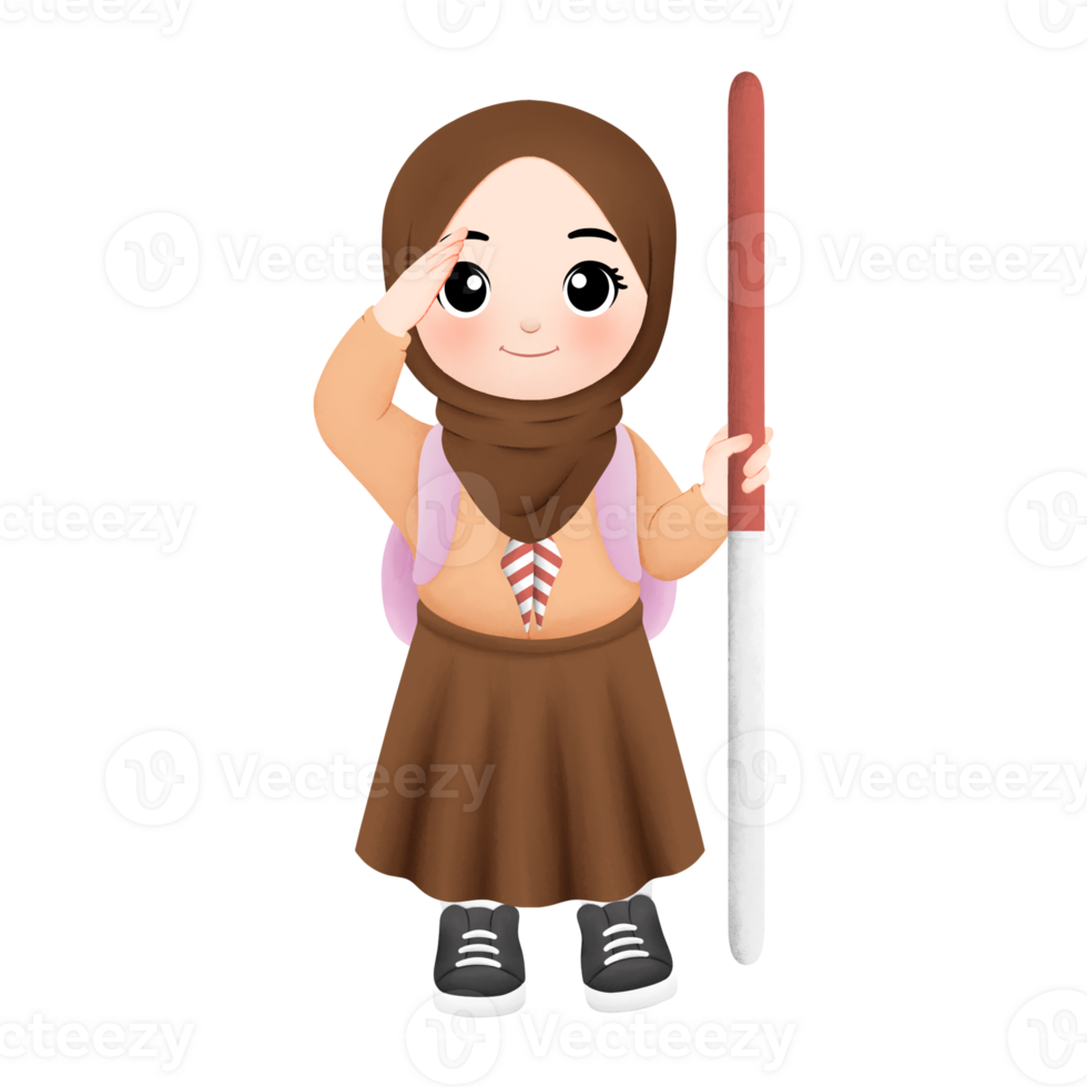 cheerful scout kid watercolor illustration, a girl with hijab with salute gesture png