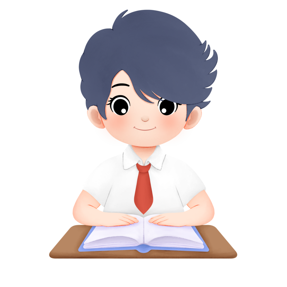 happy kid reading a book while studying watercolor illustration png
