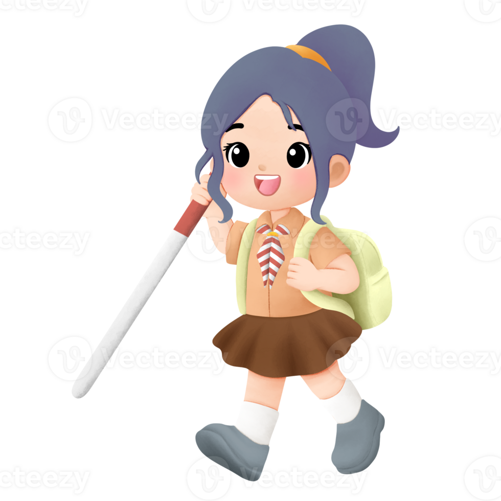 cheerful scout kid watercolor illustration, a girl walking with enthusiasm with holding her stick png