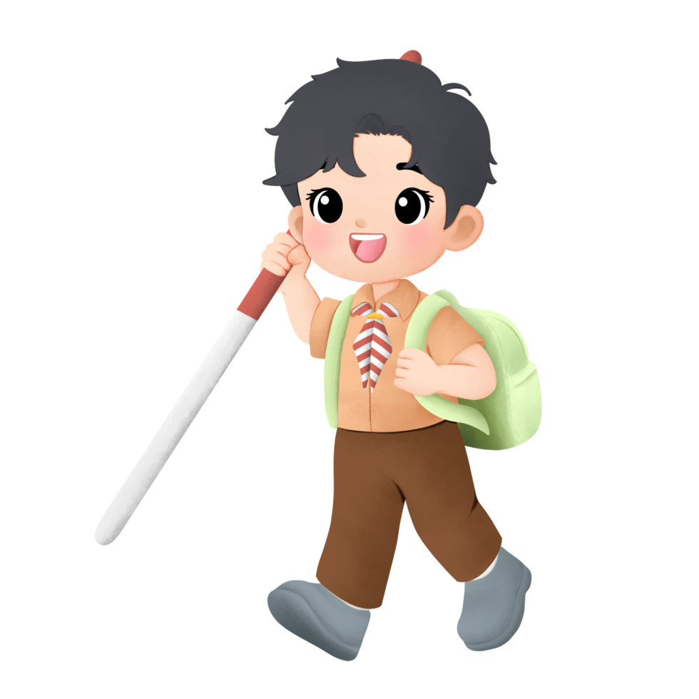 cheerful scout kid watercolor illustration, boy walking with power and holding a stick png