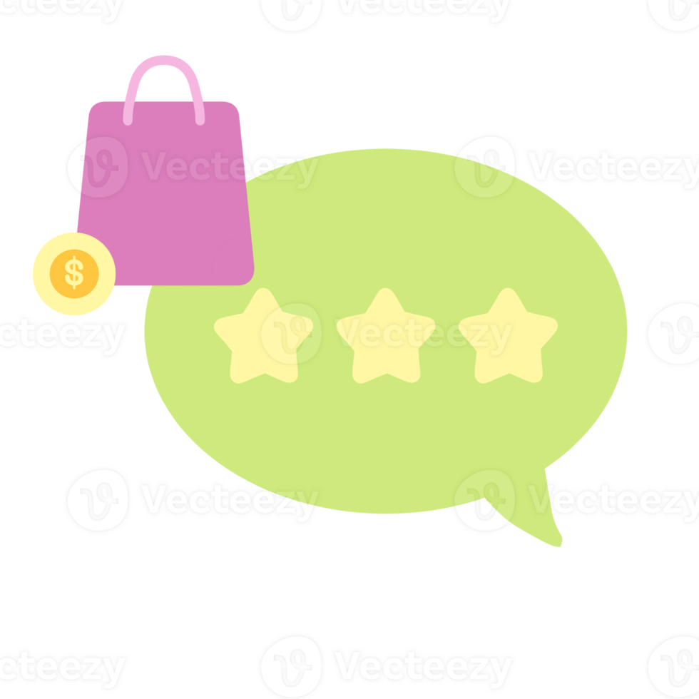 cute online shopping store illustration, bubble chat with stars rating and bag png