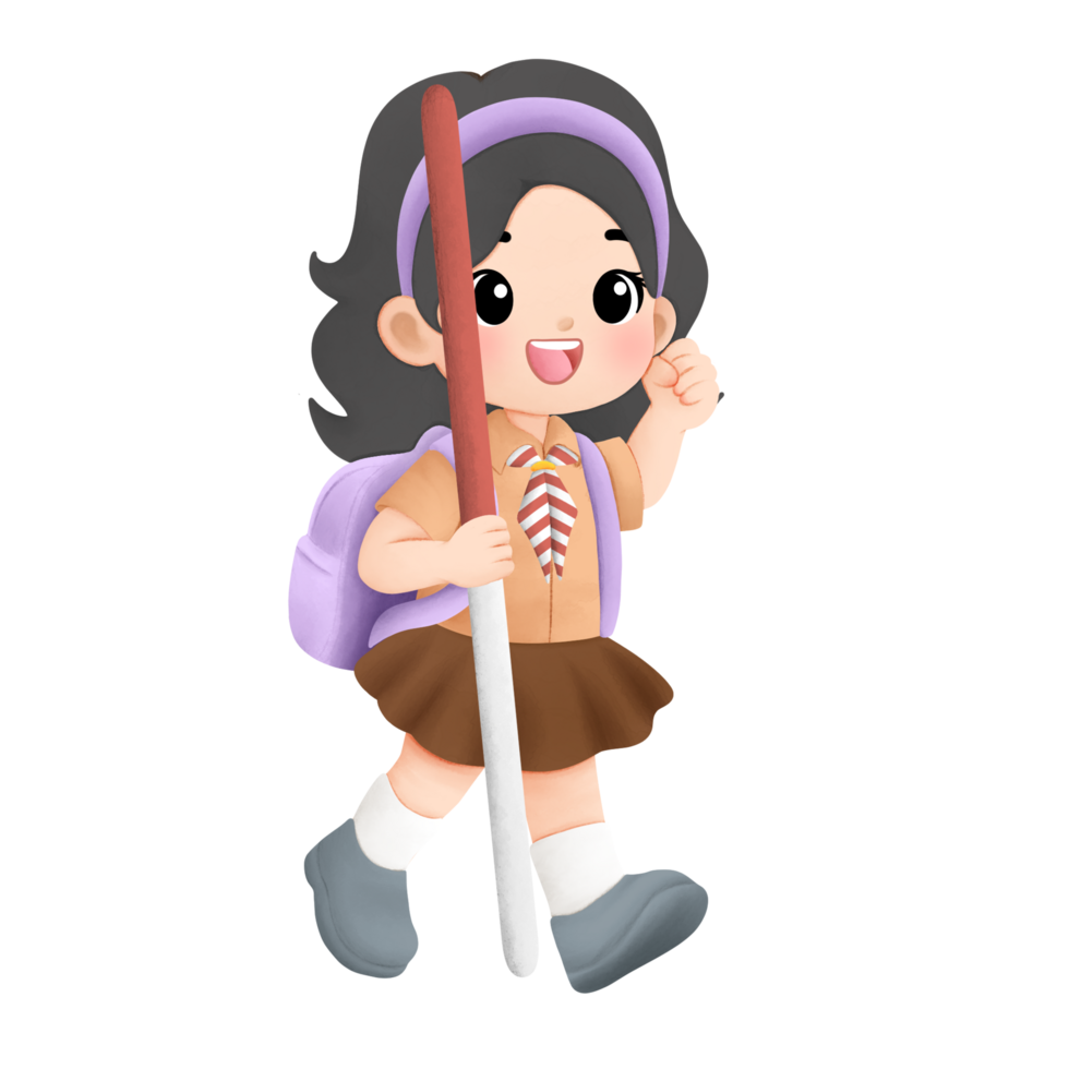 cheerful scout kid watercolor illustration, girl walking with power while holding a stick png