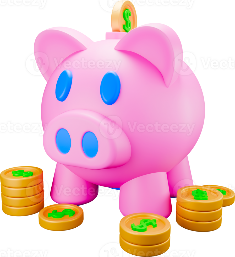 a 3D icon render cute piggy bank with coins png