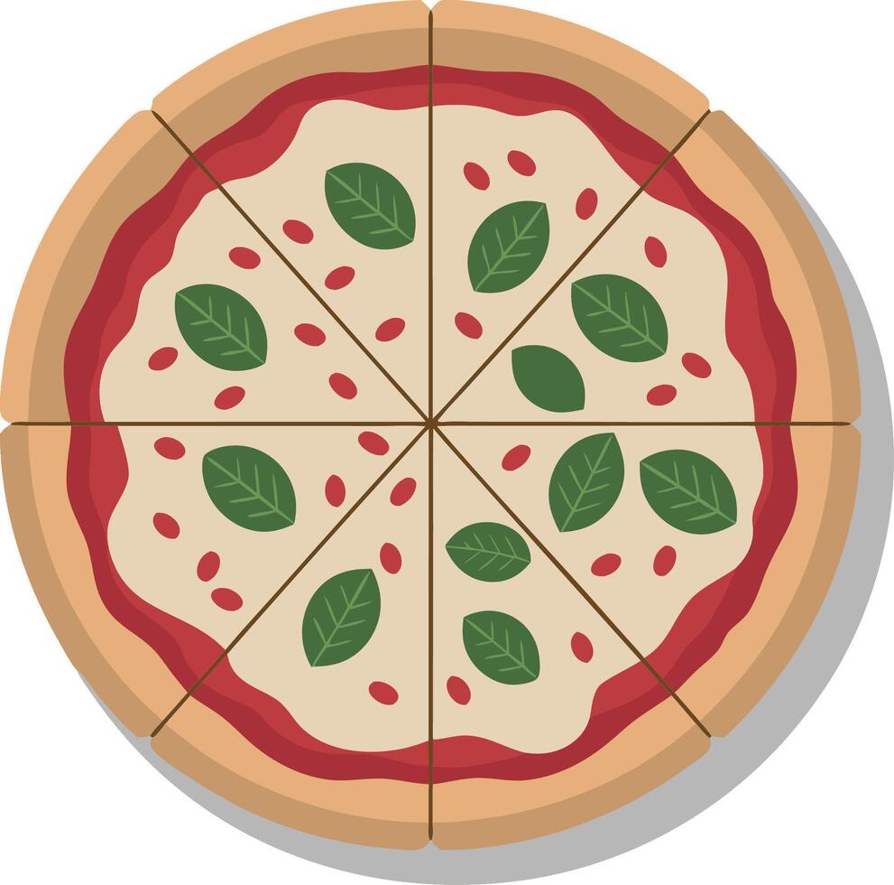 Illustration of Whole Margherita Pizza with Slices and Basil Leaves on Plate vector