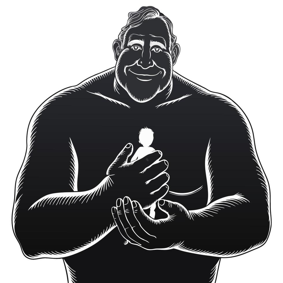 Friendly Giant Holding Small Person Illustration for Storytelling and Concept Art vector