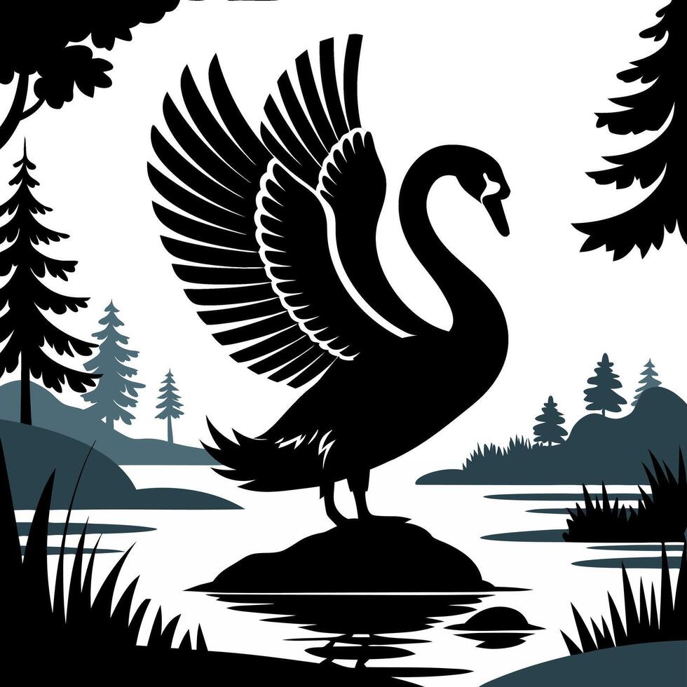 Elegant Swan Silhouette on Tranquil Lake with Pine Trees for Nature Art Design vector