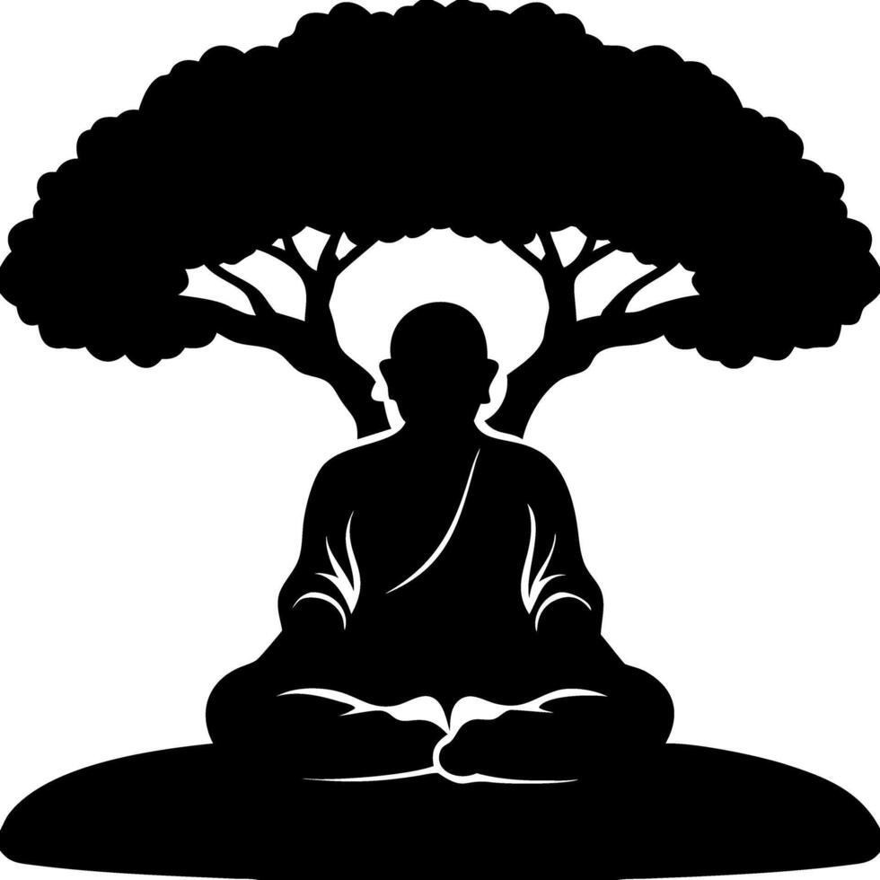 Meditation Silhouette of Monk Under Spreading Tree for Calmness and Spirituality in Art vector