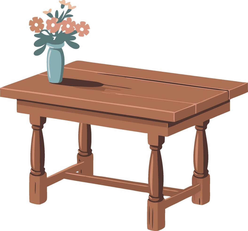 Rustic Wooden Table with Vase of Flowers Illustration vector