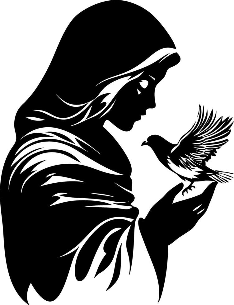 Silhouette of Woman in Hood Holding Dove Symbolizing Peace and Serenity for Art Design vector