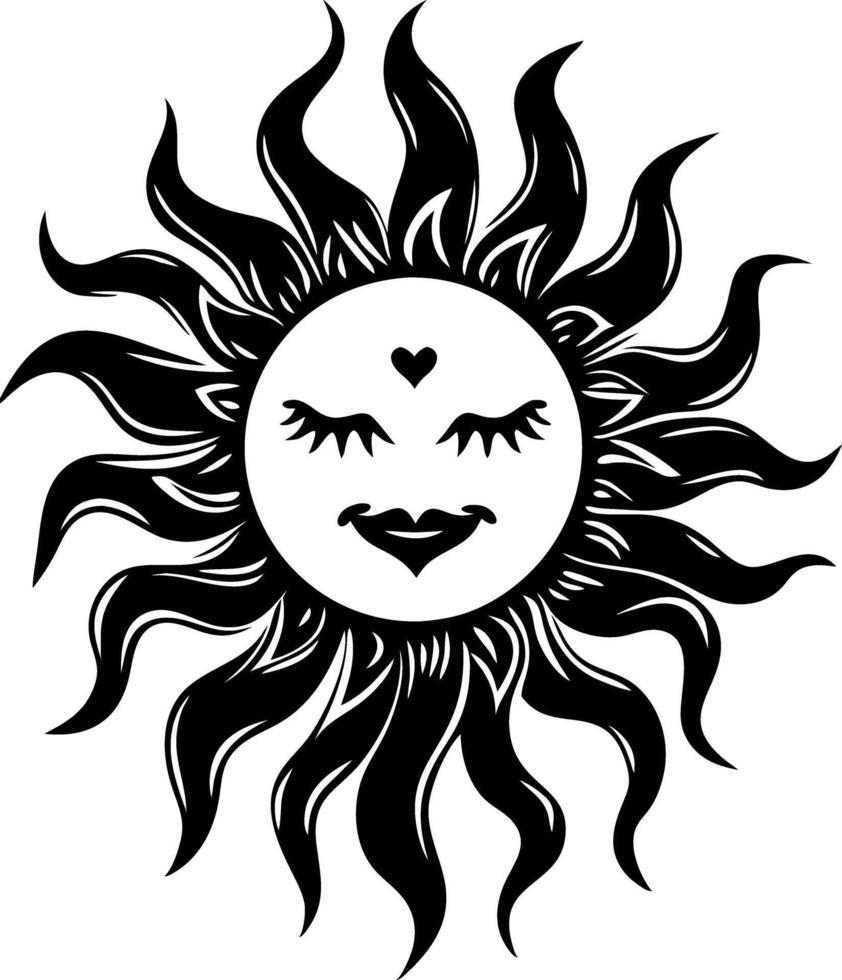 Radiant Smiling Sun Face Art for Tattoo or Coloring Book Design vector