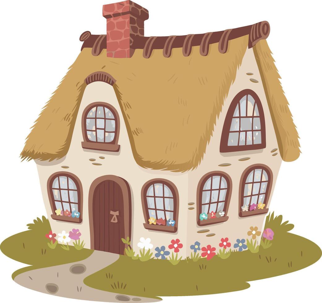 Charming Fairy Tale Cottage Illustration with Thatched Roof and Flower Garden vector