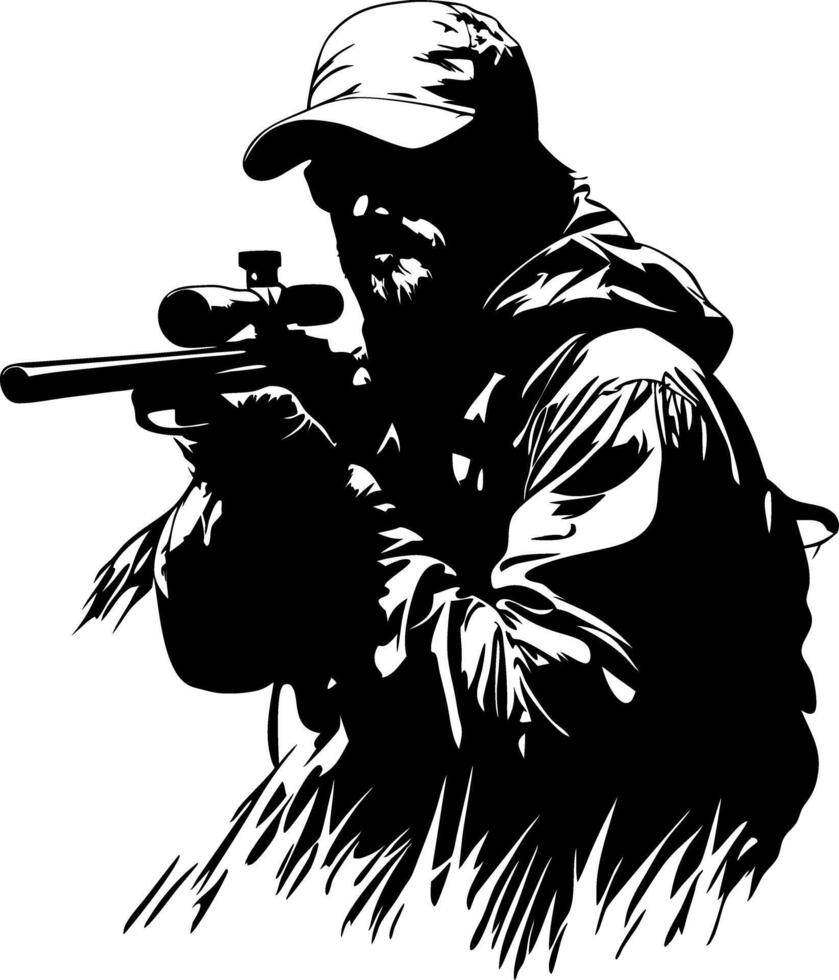 Silhouette of Hunter with Scope Rifle in Black Art vector