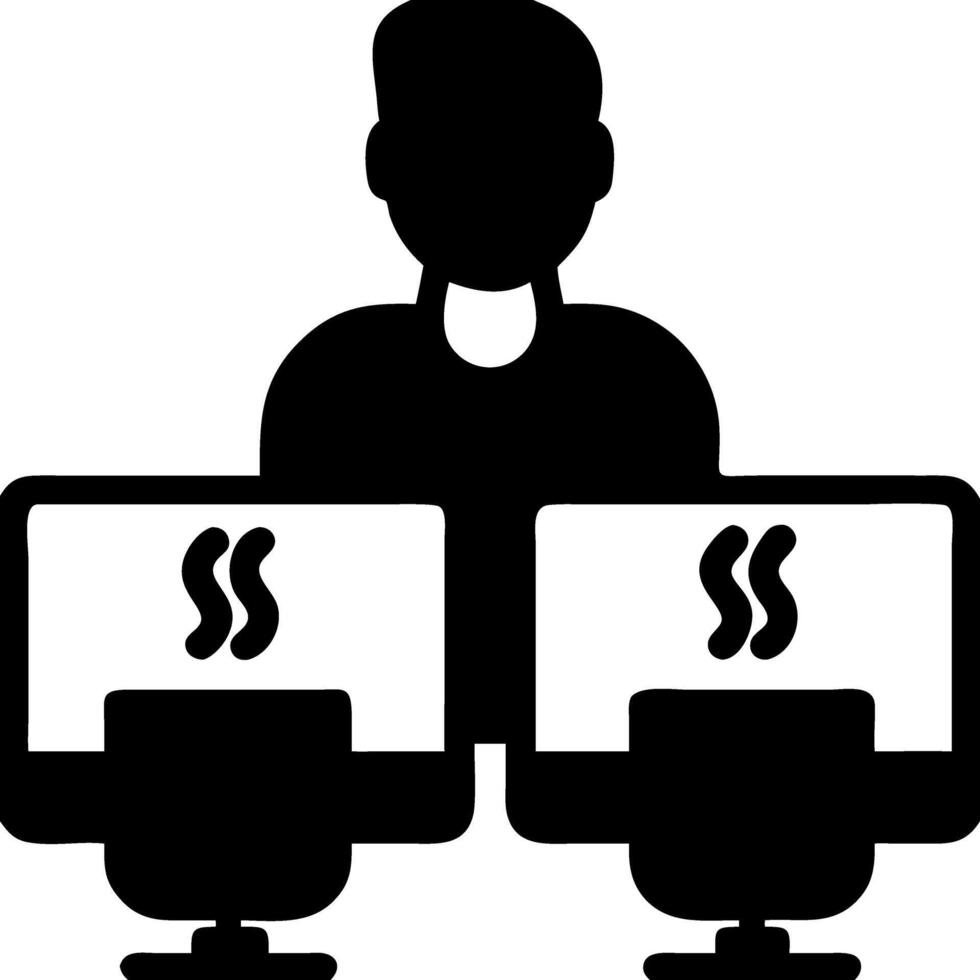 Businessman Working at Dual Computer Monitors with Coffee Silhouette vector