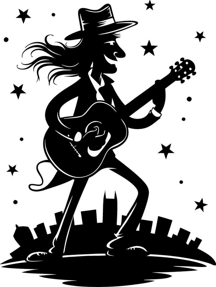 Silhouette Guitarist Playing Music Under Starry Night City Skyline Illustration vector