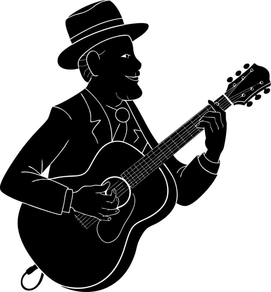 Silhouette of a Musician Playing Acoustic Guitar in Classic Suit and Hat vector