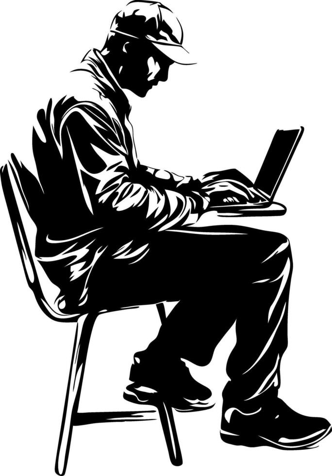 Silhouette of Man Working on Laptop in Profile Art vector