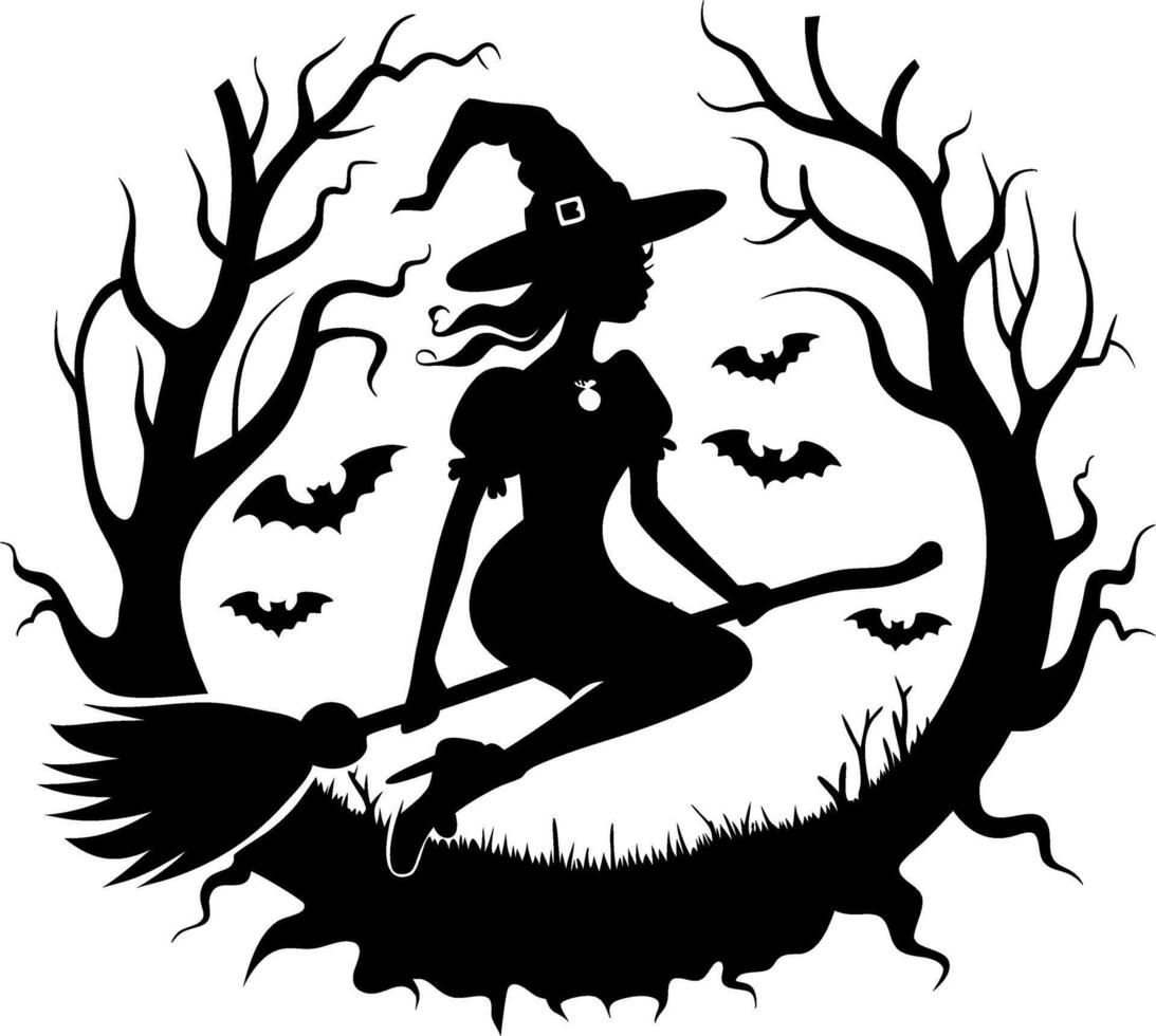 Witch Silhouette Flying on Broomstick with Bats and Spooky Trees Art vector