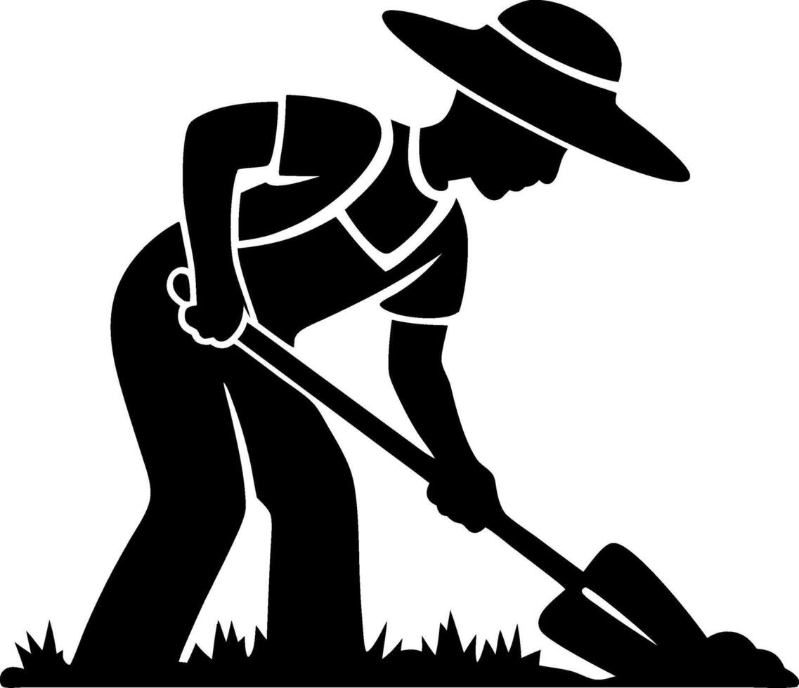 Gardener Silhouette Digging with Shovel Wearing Hat and Overalls Art vector