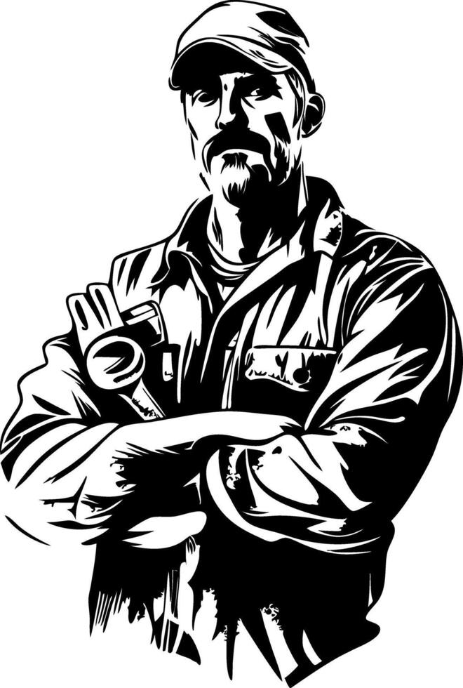Grayscale Portrait Male Worker with Hard Hat Tattoo or Branding Design vector