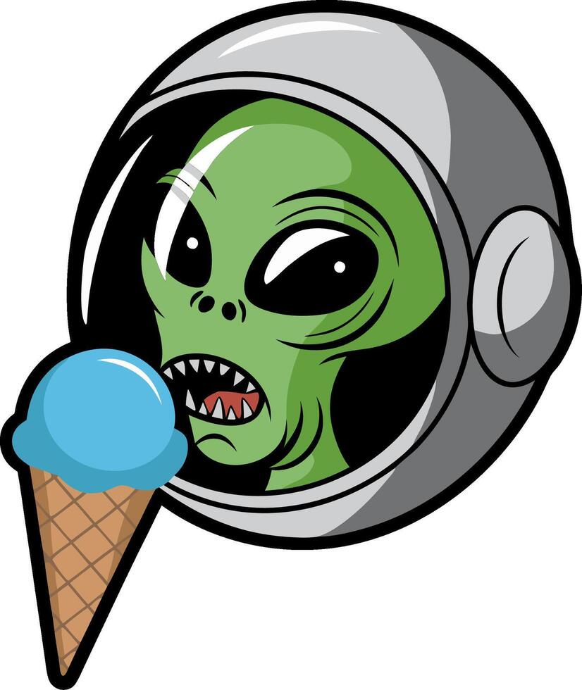 Alien in Space Helmet Enjoying Ice Cream Illustration vector
