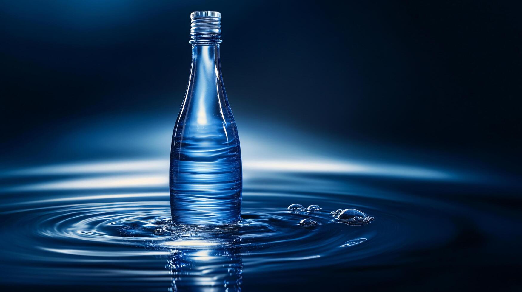 Glass bottle of water in blue water with ripples. photo
