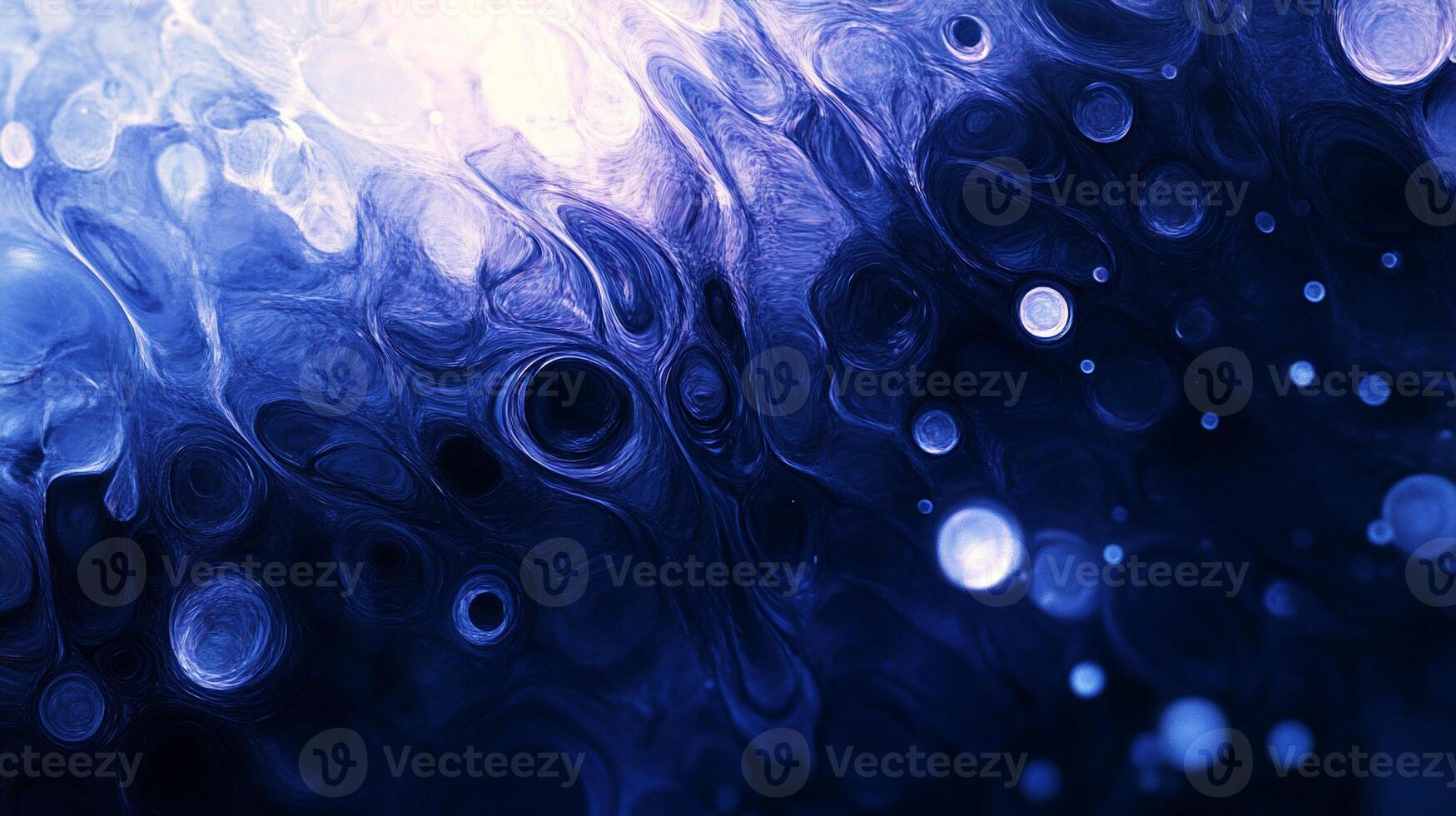 Abstract blue and white fluid art with swirling patterns and bubbles. photo