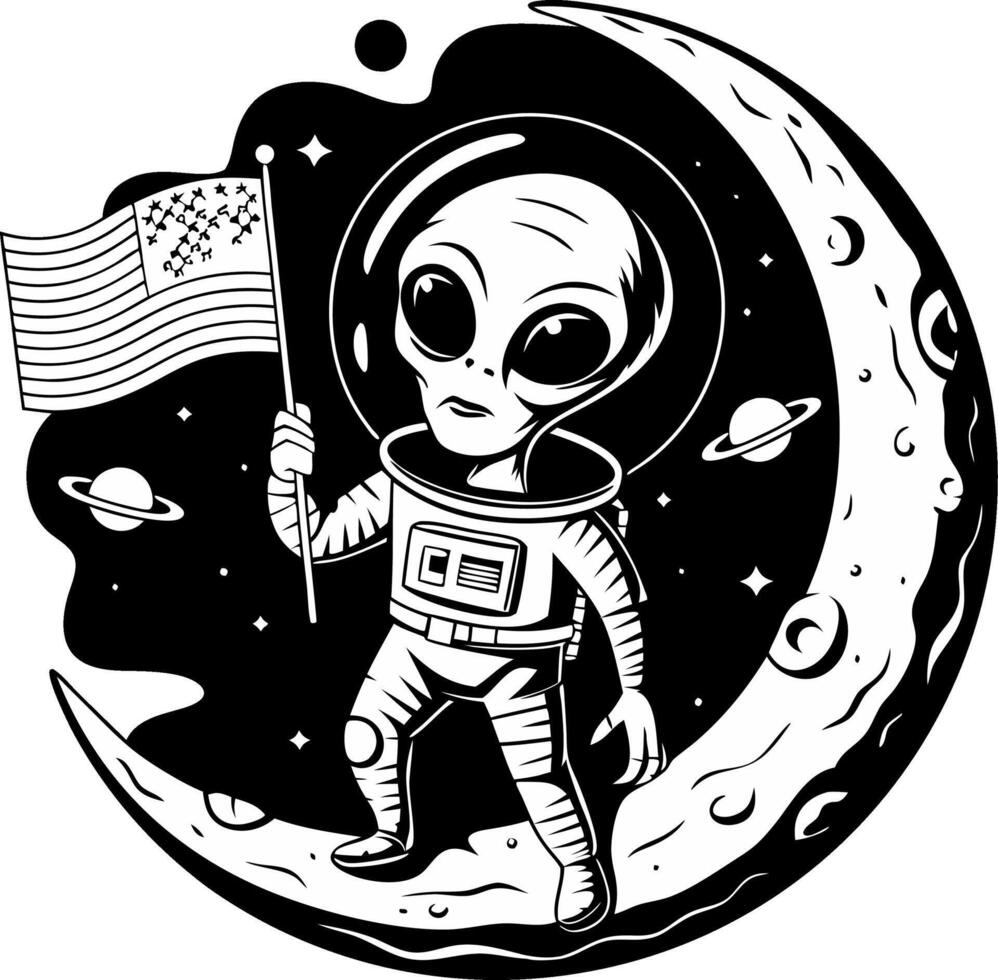 Alien Astronaut Holding Flag on Crescent Moon Space Exploration Art vector