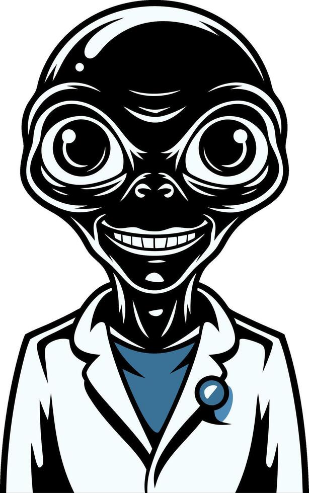 Alien Scientist Art in White Lab Coat with Smiling Face vector