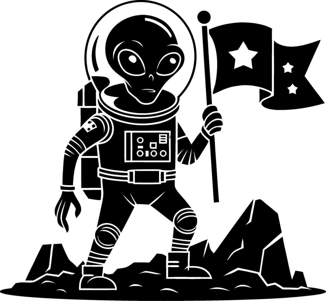 Alien Astronaut Planting Flag Illustration for SciFi Designs vector