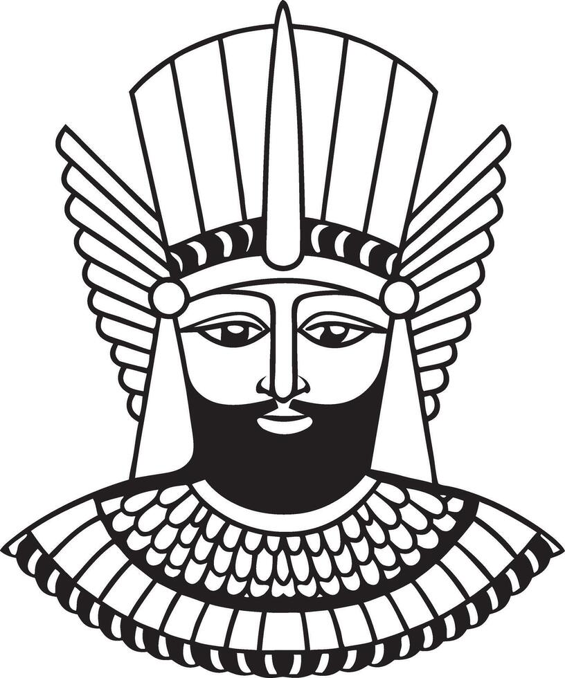 Ancient Persian Warrior Art Face with Winged Helmet Ideal for Tattoo Design vector