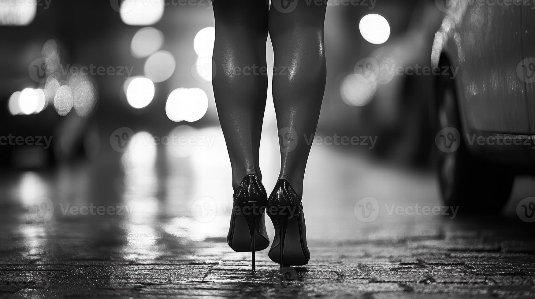woman's legs wearing high heels standing on a wet cobblestone street at night with bokeh city lights in background photo