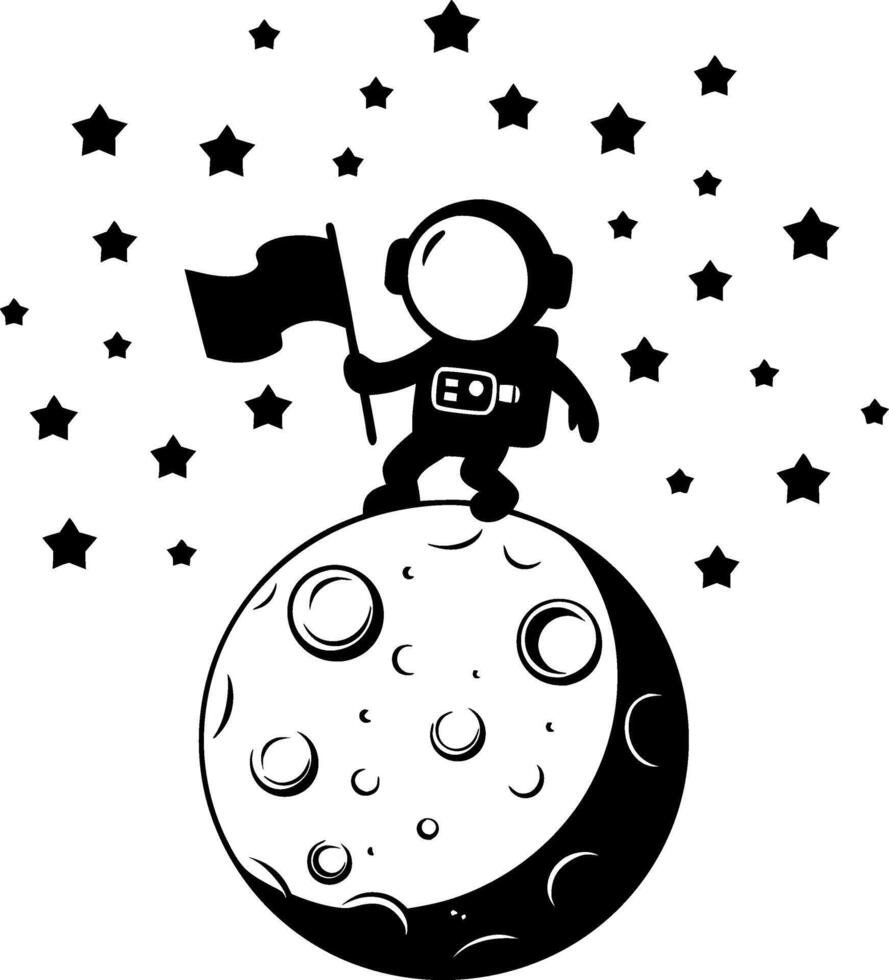 Astronaut Standing on Moon Holding Flag Surrounded by Stars Illustration vector