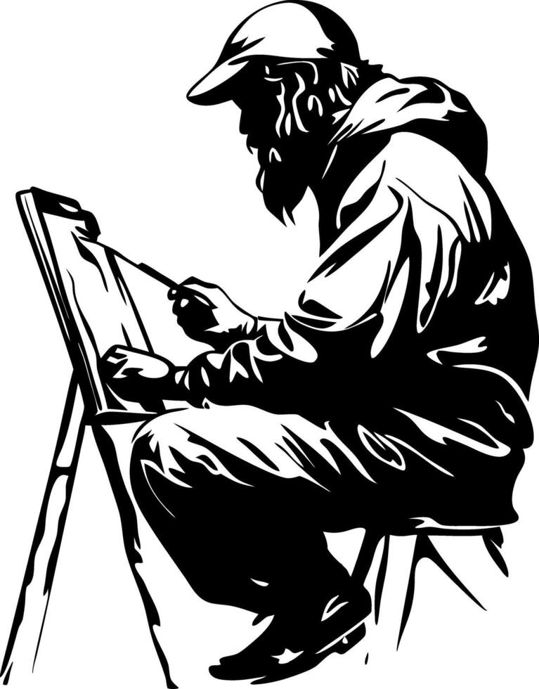Artist in Cap Sketching at Easel Illustration for Tattoo or Coloring Book vector