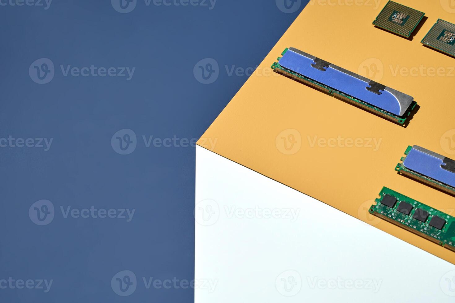 Modern computer components displayed on geometric background with ram and microchips. photo