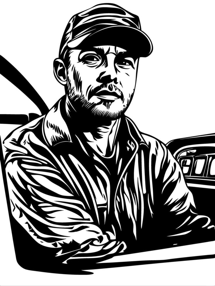Art Portrait of Man in Cap Inside Car for Graphic Design and Tattoo Inspiration vector